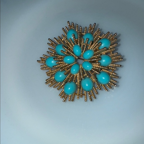 Avon Jewelry - Avon Gold and Turquoise Atomic Starburst Brooch Vintage 1960's